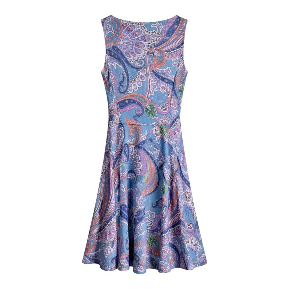 Lauren Ralph Lauren Paisley Fit & Flare Dress Blue Sleeveless Stretch Midi - Picture 2 of 6